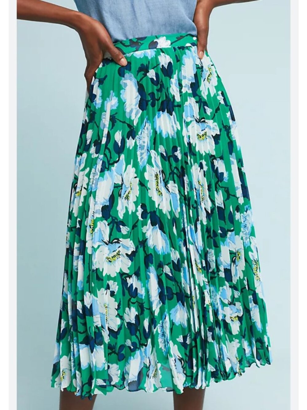 Maeve Anthropologie Green Floral Pleated Midi Skirt Flowy A-Line Size Medium